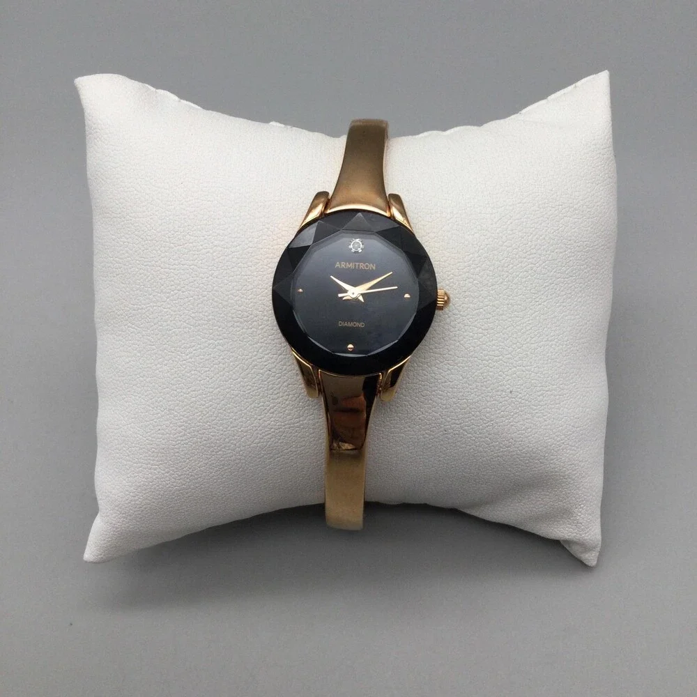 Armitron Diamond Womens Watch 23mm Black Dial Gold Tone New Battery 7.25